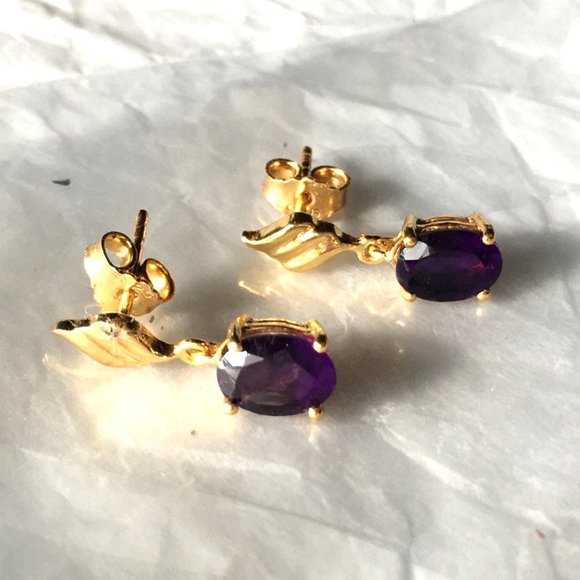 Natural Amethyst Gold Plated Earrings Post Dangles - Picture 13 of 15